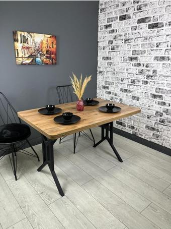 Hey Sultan Ceviz Mutfak Yemek Masası Balkon Masası Kavisli Köşe Metal Siyah Ayak 120*80 Cm