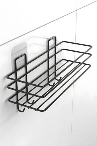 Yapışkanlı 4 Kancalı Banyo Rafı Mat Siyah Banyo Şampuanlık Duşakabin Duş Askısı