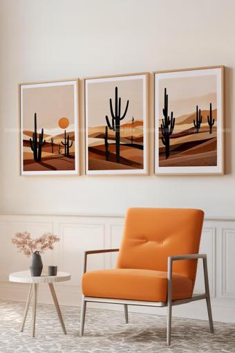 Çöl ve Kaktüs Temalı 3'lü Ahşap Çerçeveli Tablo Seti-30x42