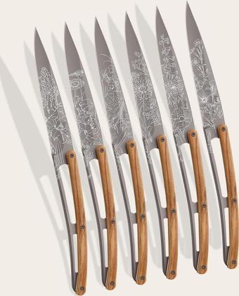 6 Deejo Steak Knives, Olive Wood / Blossom