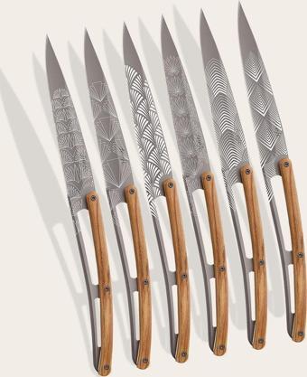 6 Deejo Steak Knives, Olive Wood / Art Déco