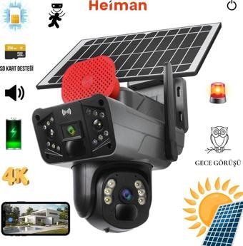 Heiman 2 Kameralı 4G Solar Panelli Güneş Enerjili Sim Kartlı 6Mp Sirenli Alarmlı Çift Sesli Kamera