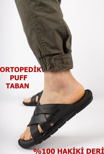 Ayakkabiburada 034 Günlük TAM ORTOPEDİK Hakiki Deri Erkek Terlik PUFF Taban