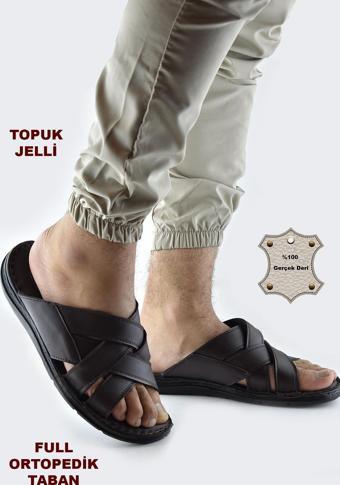 Jel Taban 034 Günlük TAM ORTOPEDİK Hakiki Deri Erkek Terlik PUFF Taban