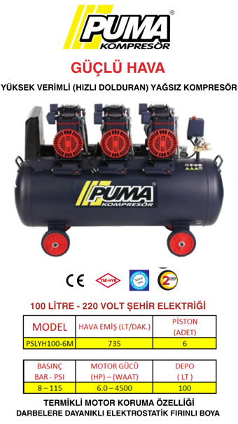 Puma 100 Lt Yüksek Verimli Kompresör (Yağsız 6 Hp)