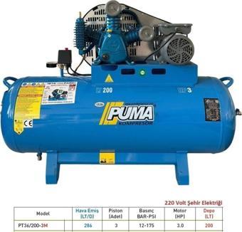 Puma 200 Lt Döküm Kafalı Yağlı Kompresör  3 Hp, 3 Piston, 12 Bar 220 V Monofaz