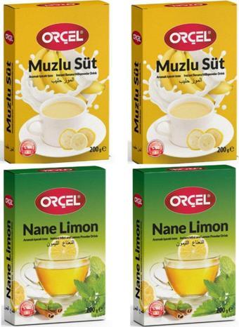 Orçel 2 Muzlu Süt + 2 Nane Limon (Mentöllü) Aromalı Içecek Tozu Oralet Çay 4X200 gr 