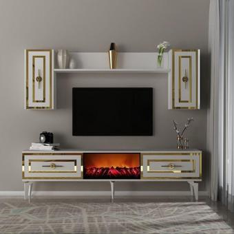 Demonte Decor Viola Şömineli Tv Ünitesi Takımı Beyaz Altın