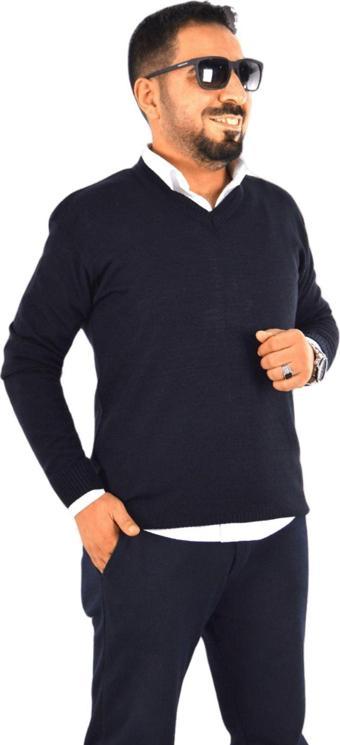 Sayzen Lacivert V Yaka Düz Triko Kazak Lacivert XL
