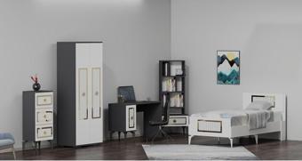 Demonte Decor Norra Çocuk Genç Odası Takımı (H-B-L-P-R) Antrasit-Beyaz-Altın