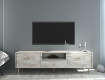 Demonte Decor 2 Kapaklı, Raflı Ve Çekmeceli Drop Tv Ünitesi Efesmermer-Altın