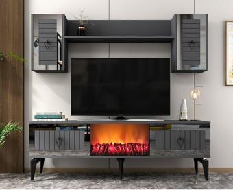 Demonte Decor Linda Tv Ünitesi Şömineli Takım Antrasit-Gümüş