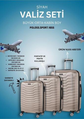 Polo55.Sport.1855 %100 Abs 3'Lü Gold Valiz Seti (Kabin - Orta - Büyük Boy)