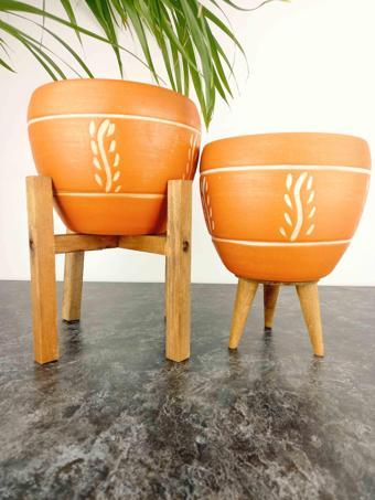 Bitki Tasarımı Nakış Desenli Terrakota Toprak Saksı Saksılık Salon Çiçeklik İkili Set 3 Ayaklı- 4 Ayaklı- 15 Cm