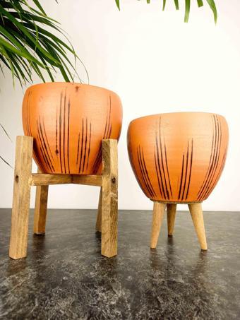 Bitki Tasarımı Siyah Çizgi Desenli Terrakota Toprak Saksı Saksılık Salon Çiçeklik İkili Set 3 Ayaklı- 4 Ayaklı- 15 Cm