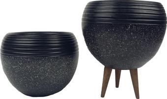 Bitki Tasarımı Siyah Granit Küp Saksı Saksılık Salon Çiçeklik İkili  Set (3 Ayaklı-Ayaksız)