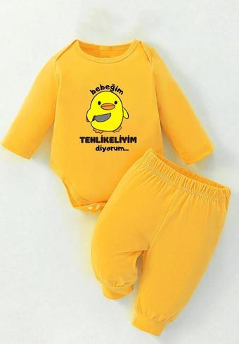 %100 Pamuklu Tehlikeliyim Diyorum Baskılı Kız - Erkek Bebek & Çocuk Takım