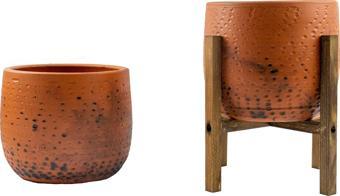 Bitki Tasarımı Siyah Nokta Desenli Toprak Saksı Saksılık Salon Çiçeklik İkili Set Ayaksız - 4 Ayaklı- 19 CM