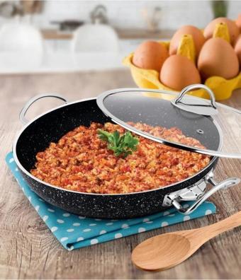 Lines Menemen Aşkı Cam Kapaklı Siyah Granit Tava 24 Cm