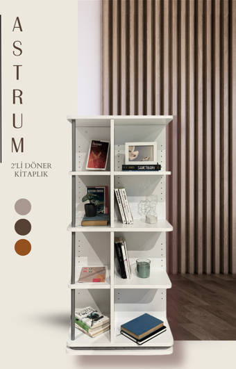 Creo Mobili Modüler Raflı Astrum 2'li Ev ve Ofis Kitaplığı, Modern Ahşap Döner Kitaplık, Ekru