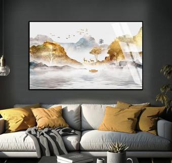 Harikabirev Soft Beyaz - Gold Dağ Manzara Modeli Çerçeveli Temperli Cam Tablo Tekli Yatay