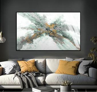 Harikabirev Yeşil - Gri - Sarı Soyut Şekilli Model 01 Çerçeveli Temperli Cam Tablo Tekli Yatay