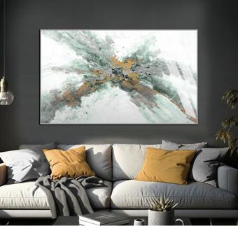 Harikabirev Yeşil - Gri - Sarı Soyut Şekilli Model 01 Çerçeveli Temperli Cam Tablo Tekli Yatay