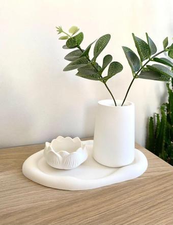 Havalı Tasarım Dekoratif 3’Lü Set Oval Tabak Silindir Vazo Lotus Takı Tabağı