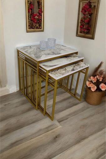 Mobievim Milano Gold Metal Ayaklı Mermer Desenli Zigon Sehpa 40x55 cm