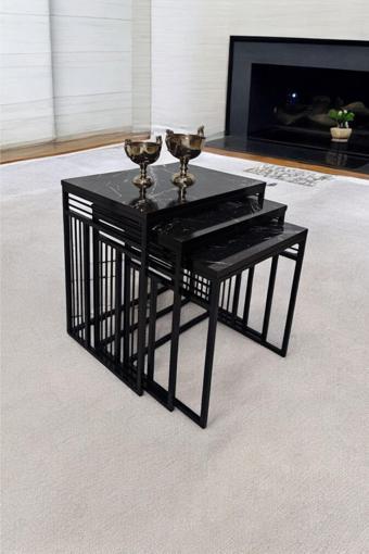 Mobievim Milano Siyah Metal Ayaklı Mermer Desenli Zigon Sehpa 40x55 cm