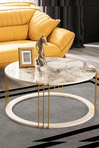Mobievim Roma Gold Metal Ayaklı Mermer Desenli Mdf'Li Orta Sehpa 90x90 cm