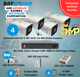 Satworld AHD 5MP 4 Adet Bullet Güvenlik Kamera Seti