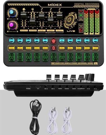 Midex VS11 Üst Seviye Stüdyo Kayıt Canlı Yayın Bluetooth ve Şarjlı Ses Kartı Efektli Radyo Mikseri (Telefon ve PC Podcas