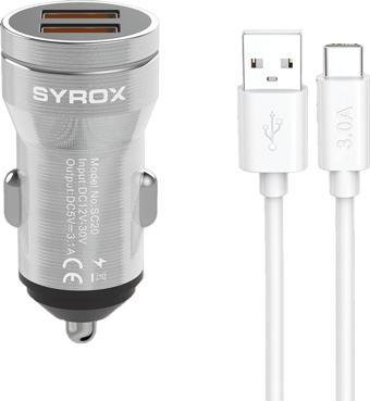 Syrox SC20T 3.1A Q.C. 3.0 1mt USB-A - Type-C Kablolu 2xUSB-A Port Çıkışlı Hızlı Araç Şarj Cihazı - Gri