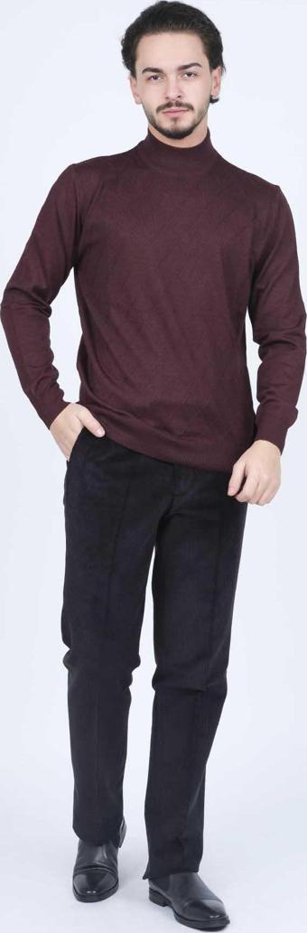 Woolen World Erkek Desenli Yarım Balıkçı Triko Yün Kazak 5596983 Bordo