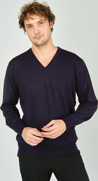 Woolen World Erkek V Yaka Uzun Kollu Yün Kazak 3022 Mürdüm