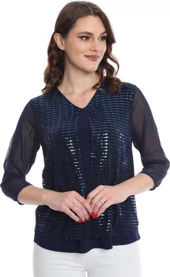 Ella Camelia Kadın Kolları Tül Detaylı Bluz 19E040 Lacivert
