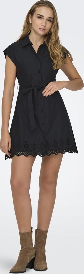 Only Kadın Onllou Belden Bağlamalı %100 Pamuk Mini Elbise 15314411 Siyah
