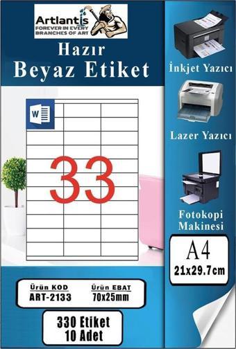 A4 Hazır Etiket 70x25 mm 10 Sayfa 1 Paket 33 lü Kendinden Yapışkanlı Fotokopi Lazer İnkjet Kağıdı Yazıcılar İçin Uyumlu