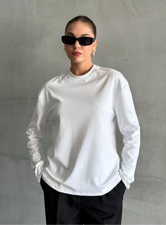 Laluvia Beyaz Uzun Kollu Geniş Tshirt - 24151