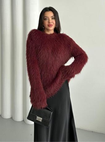 Laluvia Bordo Peluş Tüylü Püsküllü Kazak - 00022