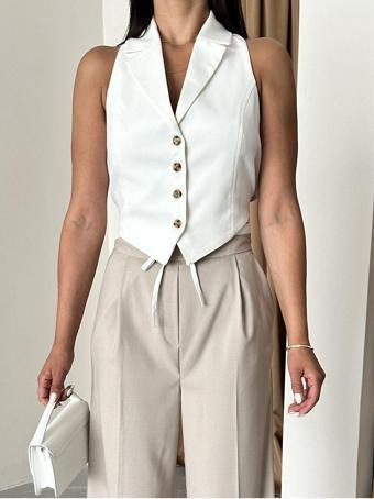 Laluvia Ekru Cut-Out Detaylı Arkadan Bağlamalı Yelek