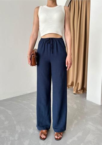 Laluvia Lacivert Beli Lastikli Pamuklu Keten Pantolon