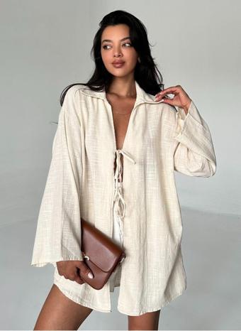 Laluvia Taş Rengi %100 Keten Bağcık Detaylı Kimono Bluz