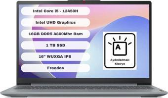 Lenovo Ideapad Slim 3 16Iah8 83Es003Qtr Intel Core İ5 12450H 16Gb 1Tb Ssd 16" Wuxga Freedos Gri