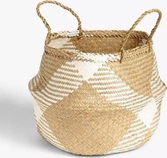 Wisha Natural Beyaz Desenli Medium Boy Katlanabilir Hasır Sepet / Saksılık 30X28Cm