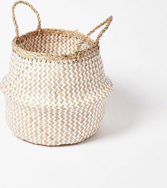 Wisha Natural Beyaz Zigzag Large Boy Katlanır Hasır Sepet / Saksılık 35X32Cm