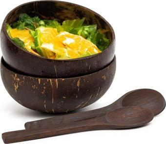 Wisha Natural El Yapımı Cilalı Hindistan Cevizi Kase + Abanoz Kaşık 2 Kişilik Set