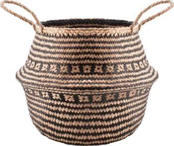 Wisha Natural Siyah Desenli Medium Boy Katlanabilir Hasır Sepet / Saksılık 30X28Cm