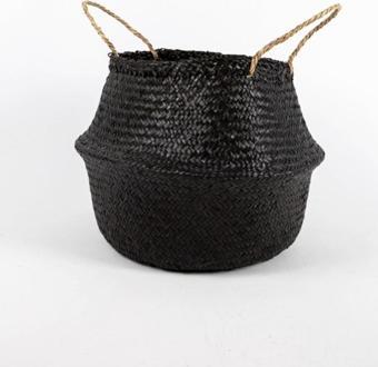 Wisha Natural Siyah Large Boy Katlanabilir Hasır Sepet / Saksılık 35X32Cm